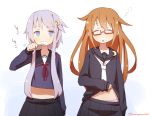  2girls blue_eyes brown_hair brushing_teeth coupon_(artist) glasses kantai_collection long_hair mochizuki_(kantai_collection) multiple_girls open_mouth purple_hair school_uniform serafuku skirt toothbrush yayoi_(kantai_collection) 