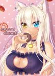  1girl animal_ears bare_shoulders bell bell_choker blue_eyes breasts cat_cutout cat_ears cat_lingerie choker cleavage cleavage_cutout coconut_(sayori) doughnut eating food food_on_face heterochromia highres jingle_bell large_breasts long_hair looking_at_viewer nekopara platinum_blonde polka_dot polka_dot_background smile solo tsukimi_kirara upper_body yellow_eyes 