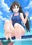  1girl :d air_bubble alternate_costume black_hair blue_eyes blue_sky blue_swimsuit blurry blush clouds collarbone depth_of_field eyebrows eyebrows_visible_through_hair from_below hair_between_eyes hair_ornament highres izumi_reina kazenokaze long_hair looking_at_viewer musaigen_no_phantom_world one-piece_swimsuit open_mouth ponytail school_swimsuit sitting sky smile soaking_feet soles solo sweatdrop swimsuit toes water wavy_mouth 