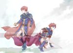  armor blue_eyes boots cape eliwood_(fire_emblem) fingerless_gloves fire_emblem fire_emblem:_fuuin_no_tsurugi fire_emblem:_rekka_no_ken gloves headband isa_(chiyo-s) long_sleeves multiple_boys rapier redhead roy_(fire_emblem) short_hair sword weapon 