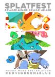  announcement_celebration blastoise charizard copyright_name inkling looking_at_viewer no_humans pokemon pokemon_(creature) splatoon squid tetori venusaur white_background 