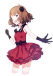  1girl black_gloves blue_eyes blush brown_hair dress flower gloves hair_flower hair_ornament idolmaster idolmaster_million_live! jewelry looking_at_viewer mimizubare necklace one_eye_closed open_mouth pearl_necklace short_hair skirt smile solo suou_momoko 