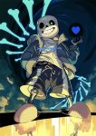  1boy bone glowing glowing_eye grin hand_in_pocket heart hood hoodie juby reflection sans shorts skeleton slippers smile smoke solo tagme undertale watermark web_address 