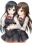  2girls alternate_costume arashio_(kantai_collection) asashio_(kantai_collection) belt black_hair blouse blue_eyes blush breasts brown_eyes brown_hair buttons cosplay dress hanazome_dotera hand_on_another&#039;s_shoulder kantai_collection kasumi_(kantai_collection) kasumi_(kantai_collection)_(cosplay) long_hair long_sleeves multiple_girls open_mouth pleated_skirt remodel_(kantai_collection) school_uniform serafuku simple_background skirt sleeveless sleeveless_dress small_breasts smile suspenders white_background white_blouse 