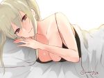  1girl alternate_costume bangs blanket blonde_hair blush breasts camisole cleavage closed_mouth collarbone eyebrows eyebrows_visible_through_hair graf_zeppelin_(kantai_collection) grey_eyes hair_between_eyes kantai_collection large_breasts long_hair looking_at_viewer lying number on_side pillow sakiryo_kanna smile solo twitter_username white_background 