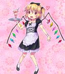  1girl blonde_hair bow flandre_scarlet hair_bow heart highres kawamura_tenmei open_mouth parfait red_eyes side_ponytail solo touhou tray wings 