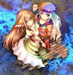  2girls absurdres aqua_eyes ar_nosurge brown_hair casty_rianoit from_above hat highres holding_hands ionasal_kkll_preciel long_hair long_sleeves looking_at_viewer multiple_girls official_art one_eye_closed red_eyes smile white_hair 