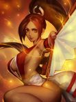  armpits artist_name bare_shoulders breasts brown_eyes brown_hair capcom_vs_snk_2 flame foreshortening highres japanese_clothes lipstick makeup nail_polish pelvic_curtain revealing_clothes shiranui_mai sideboob the_king_of_fighters xiaoguimist 