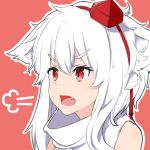  1girl =3 animal_ears bare_shoulders detached_sleeves fang hat highres inubashiri_momiji open_mouth orange_background pom_pom_(clothes) red_eyes short_hair silver_hair simple_background solo tokin_hat touhou wolf_ears 