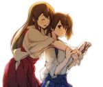  2girls akagi_(kantai_collection) blush brown_eyes brown_hair closed_eyes commentary_request hug hug_from_behind japanese_clothes kaga_(kantai_collection) kantai_collection multiple_girls open_mouth side_ponytail smile tsuta_no_ha yuri 