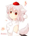  absurdres animal_ears autumn_leaves bare_shoulders breasts detached_sleeves hat highres inubashiri_momiji leaf looking_at_viewer maple_leaf pom_pom_(clothes) red_eyes short_hair signature silver_hair simple_background smile tail tokin_hat touhou white_background wide_sleeves wolf_ears wolf_tail 