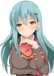  1girl aqua_hair gift green_eyes grin hair_ornament hairclip kantai_collection long_hair school_uniform smile suzuya_(kantai_collection) takeyuu valentine 