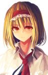  1girl :/ akaiha_(akaihagusk) alice_margatroid blonde_hair capelet closed_mouth collar expressionless eyebrows eyebrows_visible_through_hair hair_between_eyes necktie orange_eyes red_necktie short_hair simple_background solo touhou tsurime upper_body wavy_mouth white_background 