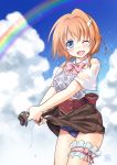  1girl blue_eyes clouds hair_ornament hairclip kamome_narumi mori_marimo one_eye_closed orange_hair rainbow school_swimsuit see-through shironeko_project short_hair swimsuit swimsuit_under_clothes wet wet_clothes 