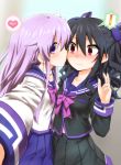  ! 2girls black_hair blush cheek_kiss choujigen_game_neptune d-pad hair_ornament heart kiss long_hair mizunashi_(second_run) multiple_girls nepgear neptune_(series) purple_hair red_eyes school_uniform self_shot serafuku spoken_exclamation_mark spoken_heart twintails uni_(choujigen_game_neptune) violet_eyes yuri 