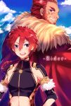  2boys alexander_(fate/grand_order) beard braid character_name dual_persona facial_hair fate/grand_order fate/zero fate_(series) long_hair male_focus midriff multiple_boys older open_mouth red_eyes redhead short_hair smile time_paradox younger 