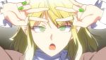  1girl @_@ anime_coloring backlighting blonde_hair brown_jacket commentary_request dagashi_kashi double_v eyes_visible_through_hair face green_eyes green_nails hands_up highres looking_at_viewer mizuhashi_parsee morimura_mizuki nail_polish open_mouth parody pointy_ears shidare_hotaru sidelocks solo touhou turtleneck v 
