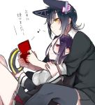  2girls chin_on_head chin_rest eyepatch halo_removed handheld_game_console headgear kantai_collection leaning_on_person mechanical_halo multiple_girls musical_note nintendo_ds playing_games purple_hair school_uniform short_hair shuu-0208 sitting tatsuta_(kantai_collection) tenryuu_(kantai_collection) thigh-highs translation_request violet_eyes yellow_eyes 
