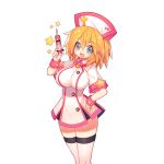  1girl blonde_hair blue_eyes blush breasts buttons crossover hand_on_hip hat heart large_breasts looking_at_viewer mamuru nurse nurse_cap open_mouth short_sleeves smile solo standing star syringe thigh-highs transparent_background uchi_no_hime-sama_ga_ichiban_kawaii wristband 