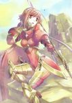  1girl alternate_costume armor armored_boots boots fire_emblem fire_emblem_cipher fire_emblem_if gloves hairband lance official_art open_mouth pink_eyes pink_hair polearm rock sakura_(fire_emblem_if) shield sitting solo weapon 