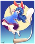  1girl animal_ears aozora_market bare_shoulders blue_hair food jumping mallet mochi open_mouth rabbit_ears red_eyes seiran_(touhou) solo touhou wagashi 