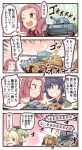  anchovy bangs black_hair brown_eyes cape closed_eyes collision comic cup darjeeling drill_hair girls_und_panzer green_eyes green_hair hair_between_eyes hair_ribbon highres ido_(teketeke) military military_vehicle open_mouth redhead ribbon rosehip tank teacup translation_request twin_drills twintails vehicle 