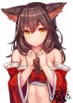 1girl adjusting_hair ahri animal_ears bandeau bare_shoulders blush breasts brown_hair cleavage detached_sleeves fang fox_ears haru_ato large_breasts league_of_legends long_hair looking_at_viewer revision slit_pupils solo upper_body whisker_markings wide_sleeves yellow_eyes 
