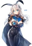  1girl artist_name blue_eyes blush bow breasts cape cleavage gloves hair_ribbon large_breasts long_hair looking_at_viewer original ribbon silver_hair simple_background solo sorolp 