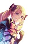  1girl 2016 artist_name black_gloves blonde_hair blue_eyes bow clenched_hand drill_hair earrings elise_(fire_emblem_if) fire_emblem fire_emblem_if flower gloves hair_bow hair_ribbon jewelry looking_at_viewer piano_(agneschen) ribbon rose smile solo twin_drills twintails white_rose 