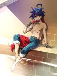  1boy animal animal_on_head bandage_on_face barefoot blue_hair brick_wall brown_gloves eating gloves headband highres kanikame pants pants_rolled_up partially_submerged popsicle red_eyes rody_roughnight shirt_removed shirtless single_glove sitting wild_arms wild_arms_1 