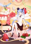  1girl 323 :q absurdly_long_hair absurdres aqua_eyes blue_hair blush book cake cherry cupcake flower food fruit hatsune_miku highres ice_cream in_food long_hair looking_at_viewer mary_janes minigirl pantyhose pocky rose shoes sitting skirt smile solo spoon strawberry sundae sweets tongue tongue_out twintails very_long_hair vocaloid 