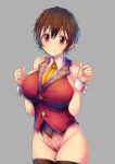  1girl bare_shoulders breasts brown_eyes brown_hair grey_background hips idolmaster idolmaster_cinderella_girls kara_(color) large_breasts looking_at_viewer oikawa_shizuku short_hair simple_background smile solo thighs 