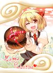  1girl ;d ball blonde_hair commentary_request hair_ribbon kashuu_(b-q) one_eye_closed open_mouth red_eyes ribbon rumia shirt short_hair skirt smile touhou valentine vest 