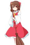  1girl aoi_(annbi) ascot blush bow box broom brown_eyes brown_hair detached_sleeves dress flying_sweatdrops gift gift_box hair_bow hair_tubes hakurei_reimu heart-shaped_box incoming_gift long_sleeves open_mouth red_dress solo touhou wide_sleeves 