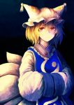  1girl akaiha_(akaihagusk) animal_ears blonde_hair dress fox_ears fox_tail gradient gradient_background hands_in_sleeves hat long_sleeves looking_at_viewer mob_cap multiple_tails pillow_hat red_eyes short_hair slit_pupils solo tabard tail tassel touhou upper_body white_dress wide_sleeves yakumo_ran 