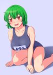  1girl all_fours arm_support blush breasts green_hair highres kazami_yuuka large_breasts looking_to_the_side name_tag one-piece_swimsuit open_mouth red_eyes school_swimsuit short_hair solo swimsuit teikou touhou 