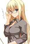  &gt;:) 1girl aqua_eyes bespectacled bismarck_(kantai_collection) black-framed_glasses black_shirt blonde_hair blush breasts closed_mouth collarbone collared_shirt dress_shirt eyebrows eyebrows_visible_through_hair glasses hair_between_eyes highres holding iron_cross kantai_collection large_breasts long_hair long_sleeves looking_at_viewer oota_yuuichi pointer round_glasses shirt simple_background smile solo sparkle stick translation_request tsurime upper_body very_long_hair white_background 
