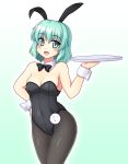  1girl :d alternate_costume animal_ears bare_shoulders black_bow blush bow bowtie breasts bunnysuit cleavage covered_navel detached_collar fake_animal_ears gomi_(gomitin) green_eyes green_hair hand_on_hip komeiji_koishi looking_at_viewer open_mouth pantyhose rabbit_ears short_hair smile solo touhou tray wrist_cuffs 