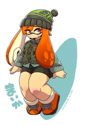  1girl beanie dated domino_mask hat inkling maikata mask orange_eyes orange_hair shorts solo splatoon sweatdrop sweater_vest tentacle_hair thick_thighs thighs 