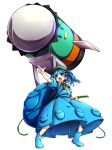  &gt;:o 1girl :o absurdres baba_(baba_seimaijo) backpack bag blue_eyes blue_hair boots cabbie_hat cucumber d:&lt; hair_bobbles hair_ornament hat highres huge_weapon kappa kawashiro_nitori key missile open_mouth pocket pointing pose pouch rubber_boots shouting skirt skirt_set solo touhou transparent_background two_side_up vest weapon |_| 