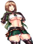  1girl ass_visible_through_thighs black_gloves black_legwear blush bra breasts brown_eyes brown_hair choker cowboy_shot crotch_seam djeeta_(granblue_fantasy) gloves granblue_fantasy hairband highres large_breasts navel open_mouth panties pouch simple_background solo strapless strapless_bra tsukumiya_amane under_boob underwear white_background white_bra white_panties 