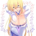  1girl adjusting_hair bespectacled blonde_hair blue_eyes breasts cleavage collarbone dress fishnet_pantyhose fishnets glasses gunslinger_stratos hanging_breasts large_breasts long_hair looking_at_viewer nami_(snow) olga_janetine pantyhose red_glasses semi-rimless_glasses smile solo very_long_hair white_dress 