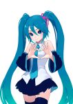  1girl blue_eyes blue_hair cowboy_shot detached_sleeves fkey hatsune_miku heart heart_hands long_hair looking_at_viewer nail_polish necktie simple_background skirt smile solo thigh-highs twintails very_long_hair vocaloid white_background 