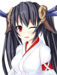  1girl black_hair blush hair_ornament hakama horns japanese_clothes long_hair looking_at_viewer miko neptune_(series) noire one_eye_closed open_mouth red_eyes ribbon sheep_horns smile solo twintails 