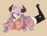  1girl alternate_costume ass beige_background black_legwear blue_eyes braid breasts closed_mouth demon_horns full_body granblue_fantasy hair_ornament hair_over_one_eye head_rest horns large_breasts lavender_hair long_hair long_sleeves looking_at_viewer lying narumeia_(granblue_fantasy) no_pants no_shoes on_stomach panties pink_lips pointy_ears purple_hair ribbed_sweater simple_background smile solo sweater thigh-highs underwear white_panties yoshiharuman 