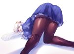  1girl :d blue_dress brown_legwear capcom_fighting_jam capelet dress from_behind gloves hairpods highres ingrid kneepits long_sleeves looking_at_viewer negresco open_mouth pantyhose red_eyes road silver_hair smile solo street teeth tsurime uniform white_gloves 