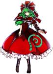  1girl absurdres arm_ribbon baba_(baba_seimaijo) black_ boots bow cross-laced_footwear dress frills front_ponytail full_body green_eyes green_hair hair_bow hair_ribbon highres kagiyama_hina lace-up_boots long_hair looking_at_viewer puffy_sleeves ribbon shawl short_hair short_sleeves simple_background smile solo standing touhou white_background 