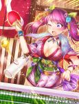  1girl ball blue_rose blush bottle breasts chiori_(pixiv9569926) cleavage earrings flower hair_flower hair_ornament japanese_clothes jewelry kimono large_breasts milk_bottle momohime_ryouran!_sengoku_asuka obi official_art one_eye_closed open_mouth original paddle purple_hair purple_rose rose sash solo sweatdrop table_tennis table_tennis_ball table_tennis_paddle tied_kimono twintails violet_eyes wince 