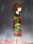  androgynous artist_name blood bloody_clothes bloody_knife bloody_weapon brown_hair chara_(undertale) hidden_eyes highres knife mazumaro open_mouth rain shorts solo spoilers standing standing_in_rain striped striped_sweater sweater tagme undertale weapon 