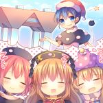  4girls :d :q =_= blonde_hair blue_eyes blue_hair clownpiece doremy_sweet drooling hat hecatia_lapislazuli highres jester_cap junko_(touhou) long_hair multiple_girls nightcap open_mouth pjrmhm_coa redhead short_hair sleeping smile star tongue tongue_out touhou zzz 